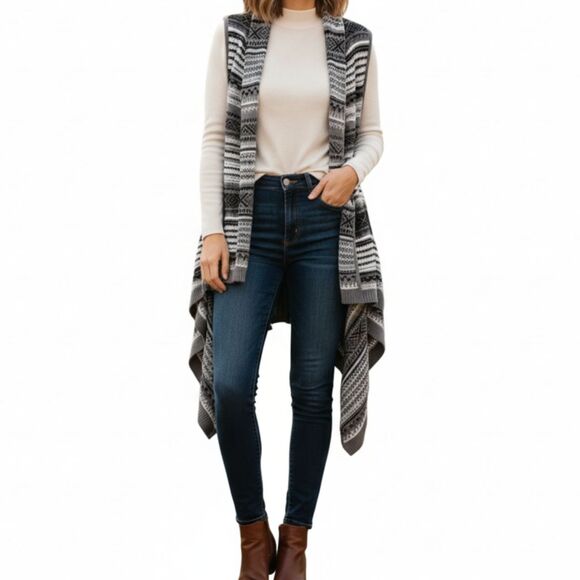 Westbound Sweaters - Westbound Boho Western Cardigan XL Womens Draped Sleeveless Striped Black White